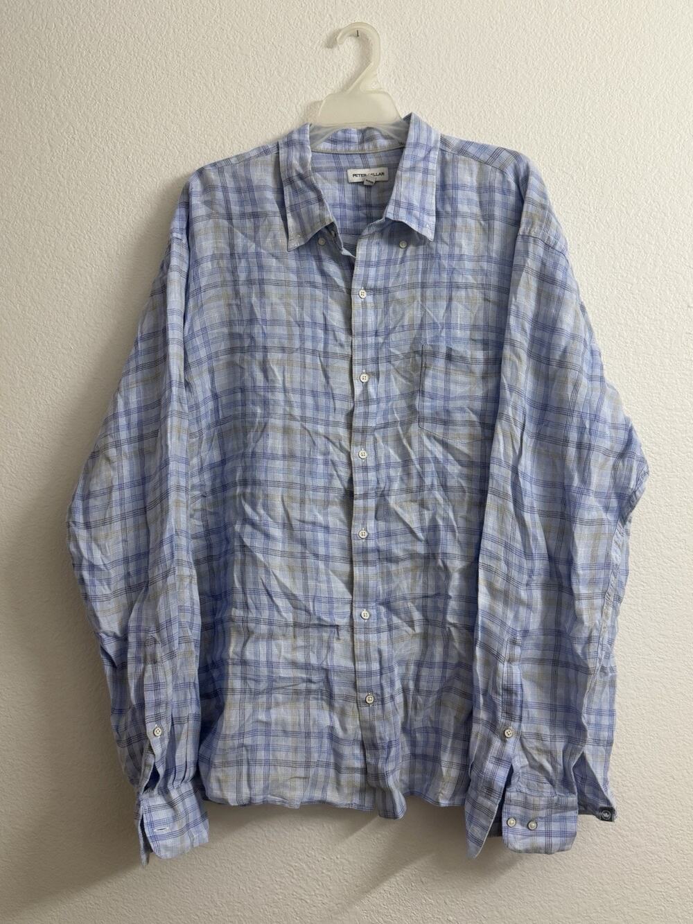 Peter Millar 100% Linen Men’s XXL Long Sleeve Button Up Blue Plaid Shirt